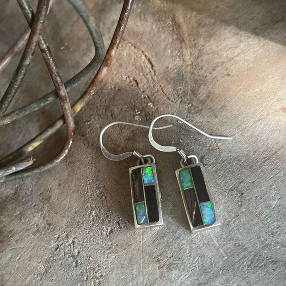 Dainty Dangle Earrings Fire Opal Onyx Sterling Silver Handmade - Picture 11 of 13